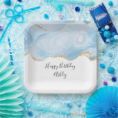 Elegant Blue and Gold Agate Border Birthday Papieren Bordje (Feest)