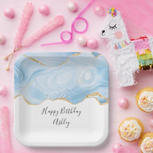 Elegant Blue and Gold Agate Border Birthday Papieren Bordje (Feest)