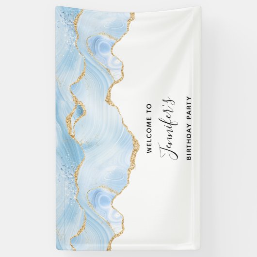 Elegant Blue and Gold Agate Border Birthday Spandoek (Verticaal)