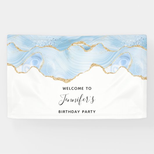 Elegant Blue and Gold Agate Border Birthday Spandoek (Horizontaal)