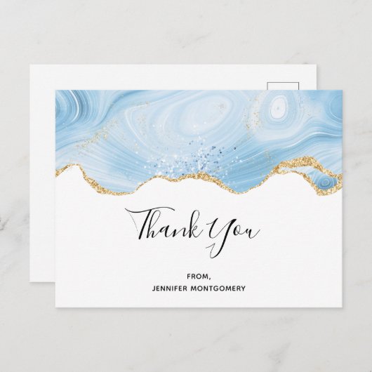 Elegant Blue and Gold Agate Border Hartelijk dank Briefkaart (Voorkant / Achterkant)