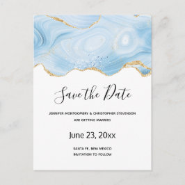 Elegant Blue and Gold Agate Border Save the Date Uitnodiging Briefkaart