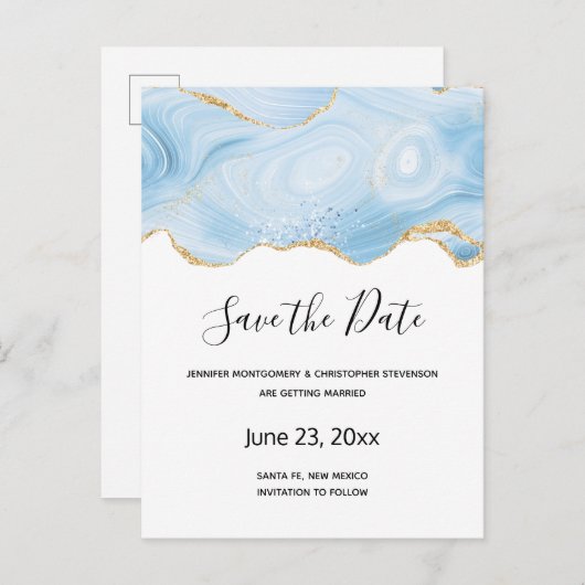 Elegant Blue and Gold Agate Border Save the Date Uitnodiging Briefkaart (Voorkant / Achterkant)