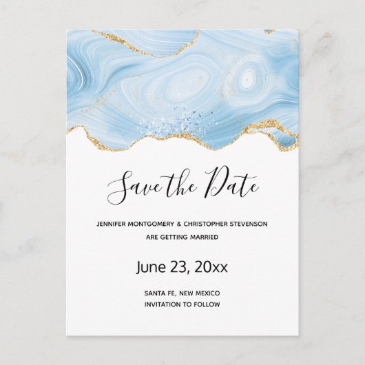 Elegant Blue and Gold Agate Border Save the Date Uitnodiging Briefkaart (Voorkant)