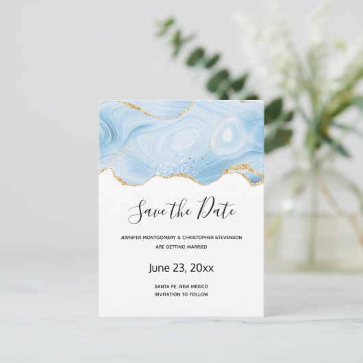 Elegant Blue and Gold Agate Border Save the Date Uitnodiging Briefkaart (Staand voorkant)