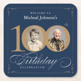 Elegant Blue and Gold Custom Photo 100th Birthday  Kartonnen Onderzetters