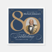 Elegant Blue and Gold Custom Photo 80th Birthday  Servet (Voorkant)