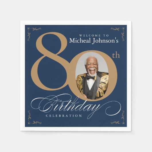 Elegant Blue and Gold Custom Photo 80th Birthday  Servet (Voorkant)
