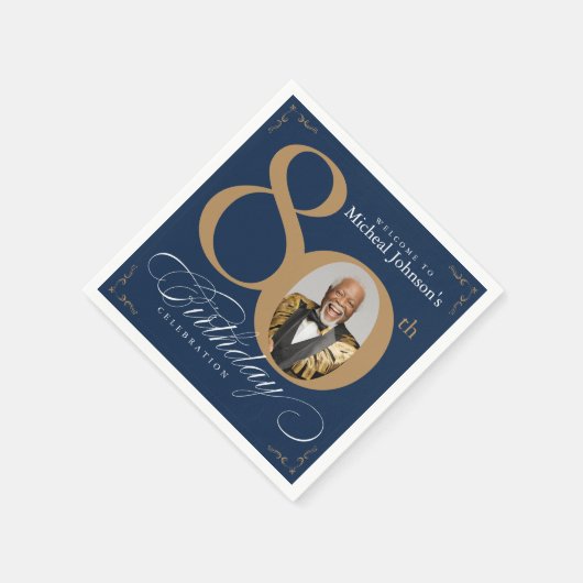 Elegant Blue and Gold Custom Photo 80th Birthday  Servet (Hoek)