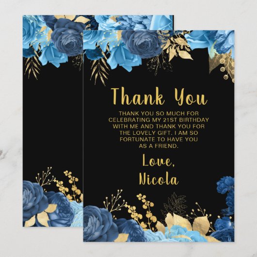 Elegant Blue and Gold Flowers Birthday Party Bedankkaart (Voorkant / Achterkant)