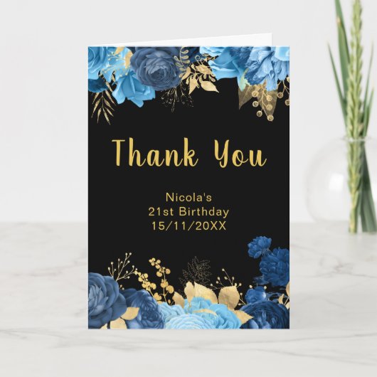 Elegant Blue and Gold Flowers Birthday Party Bedankkaart (Voorkant)