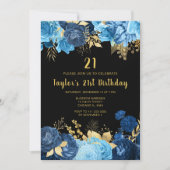 Elegant Blue and Gold Flowers Birthday Party Kaart (Voorkant)