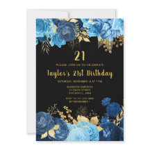 Elegant Blue and Gold Flowers Birthday Party