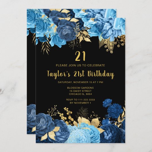 Elegant Blue and Gold Flowers Birthday Party Kaart (Voorkant / Achterkant)