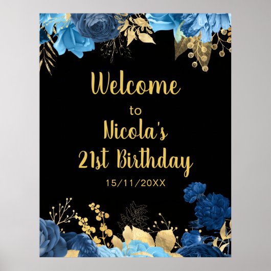 Elegant Blue and Gold Flowers Birthday Party Poster (Voorkant)