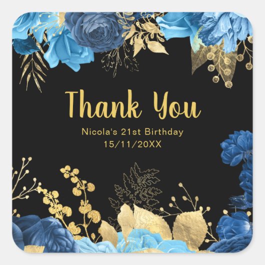 Elegant Blue and Gold Flowers Birthday Party  Vierkante Sticker (Voorkant)