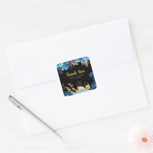 Elegant Blue and Gold Flowers Birthday Party  Vierkante Sticker (Envelop)