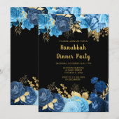 Elegant Blue and Gold Flowers Hanukkah Party Kaart (Voorkant / Achterkant)