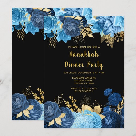 Elegant Blue and Gold Flowers Hanukkah Party Kaart (Voorkant / Achterkant)