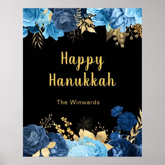 Elegant Blue and Gold Flowers Hanukkah Party Poster (Voorkant)