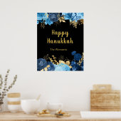 Elegant Blue and Gold Flowers Hanukkah Party Poster (Keuken)