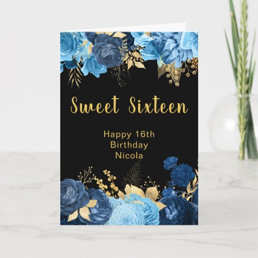 Elegant Blue and Gold Flowers Sweet Sixteen Kaart (Voorkant)