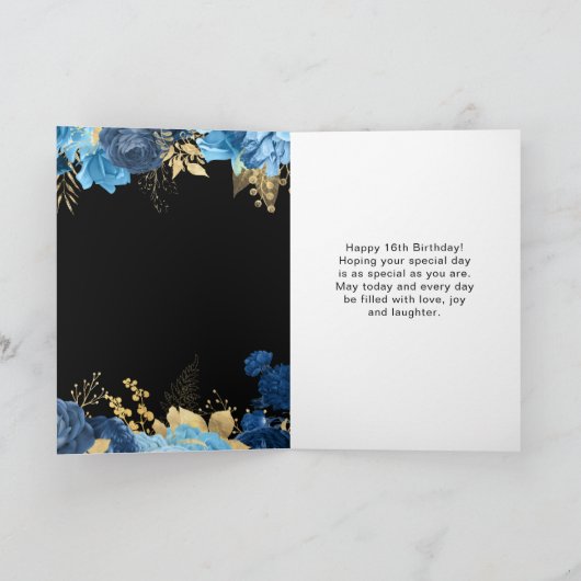 Elegant Blue and Gold Flowers Sweet Sixteen Kaart (Binnen)