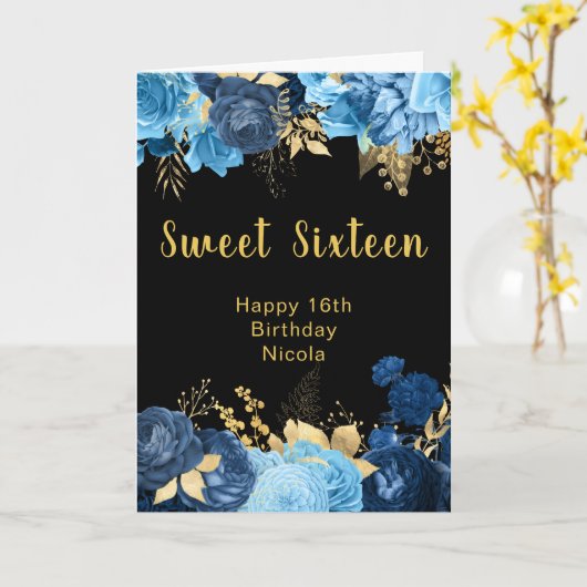 Elegant Blue and Gold Flowers Sweet Sixteen Kaart (Gele Bloem)