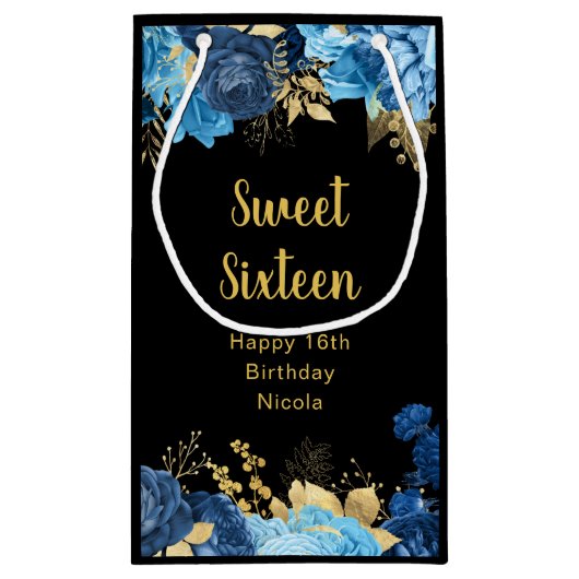 Elegant Blue and Gold Flowers Sweet Sixteen Klein Cadeauzakje (Achterkant)