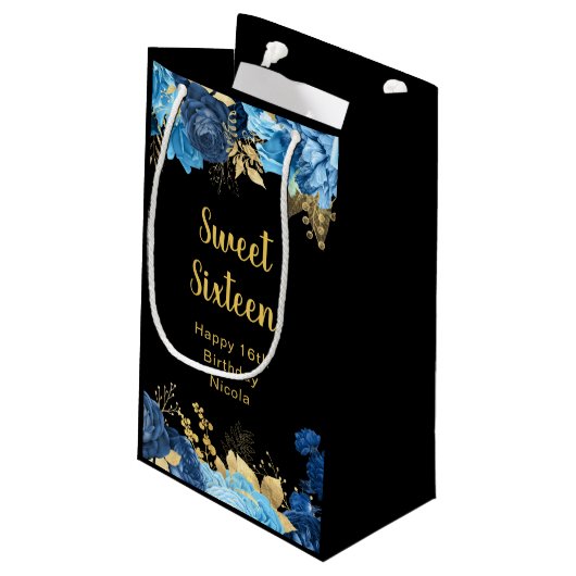 Elegant Blue and Gold Flowers Sweet Sixteen Klein Cadeauzakje (Achterkant Gekanteld)