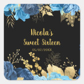 Elegant Blue and Gold Flowers Sweet Sixteen Vierkante Sticker (Voorkant)