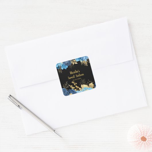 Elegant Blue and Gold Flowers Sweet Sixteen Vierkante Sticker (Envelop)