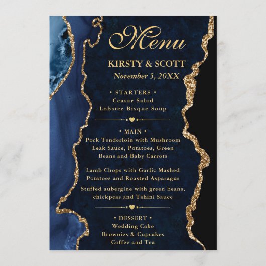Elegant Blue and Gold Glitter Agate Wedding Menu (Voorkant)