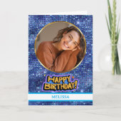 Elegant Blue and Gold Glitter Photo Name Birthday Kaart (Voorkant)