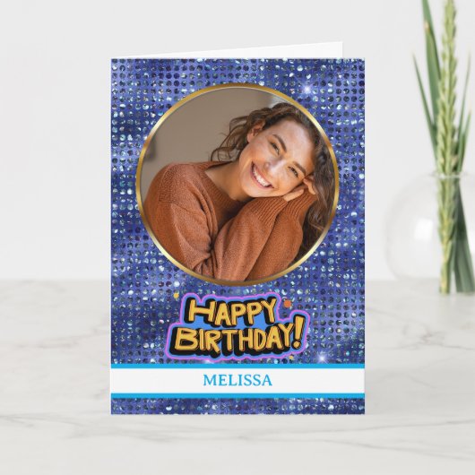Elegant Blue and Gold Glitter Photo Name Birthday Kaart (Voorkant)