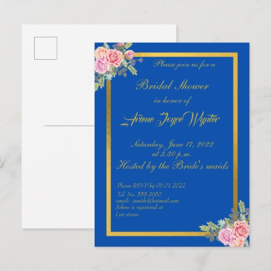 Elegant Blue and Gold Invitation Uitnodiging Briefkaart (Voorkant / Achterkant)