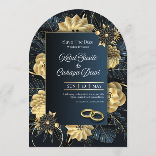 Elegant Blue and Gold Luxury Wedding Invitation Kaart (Voorkant)