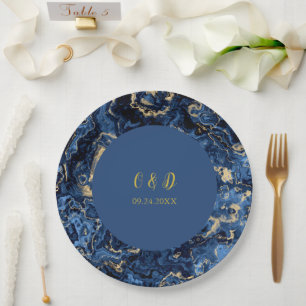 Elegant Blue and Gold Marble Wedding Papieren Bordje