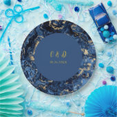 Elegant Blue and Gold Marble Wedding Papieren Bordje (Feest)