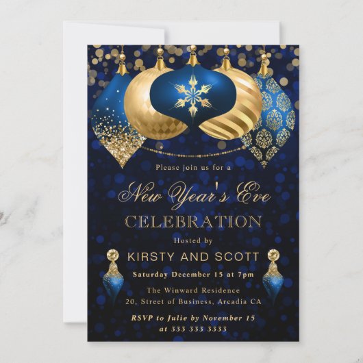 Elegant Blue and Gold New Year’s Eve Party Kaart (Voorkant)