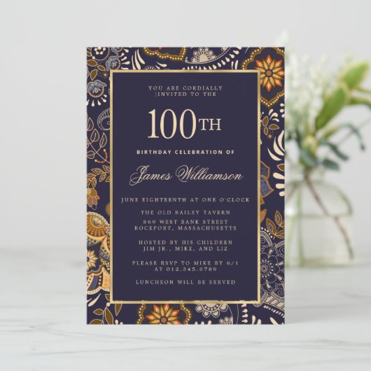 Elegant Blue and Gold Pattern 100e verjaardag Kaart (Staand voorkant)