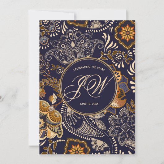 Elegant Blue and Gold Pattern 100e verjaardag Kaart (Achterkant)