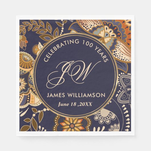 Elegant Blue and Gold Pattern 100e verjaardag Servet (Voorkant)