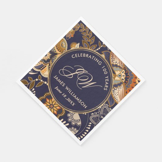 Elegant Blue and Gold Pattern 100e verjaardag Servet (Hoek)