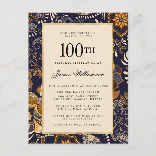 Elegant Blue and Gold Pattern 100e verjaardag Uitnodiging Briefkaart (Voorkant)