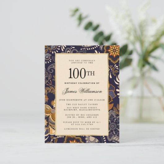 Elegant Blue and Gold Pattern 100e verjaardag Uitnodiging Briefkaart (Staand voorkant)