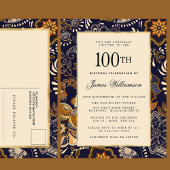 Elegant Blue and Gold Pattern 100e verjaardag Uitnodiging Briefkaart