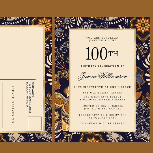 Elegant Blue and Gold Pattern 100e verjaardag Uitnodiging Briefkaart