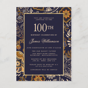 Elegant Blue and Gold Pattern 100e verjaardag Uitnodiging Briefkaart