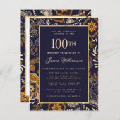 Elegant Blue and Gold Pattern 100e verjaardag Uitnodiging Briefkaart (Voorkant / Achterkant)